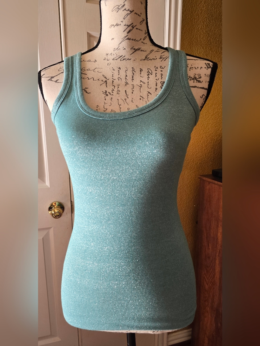 Ribbed Light Teal Metallic Tank Top